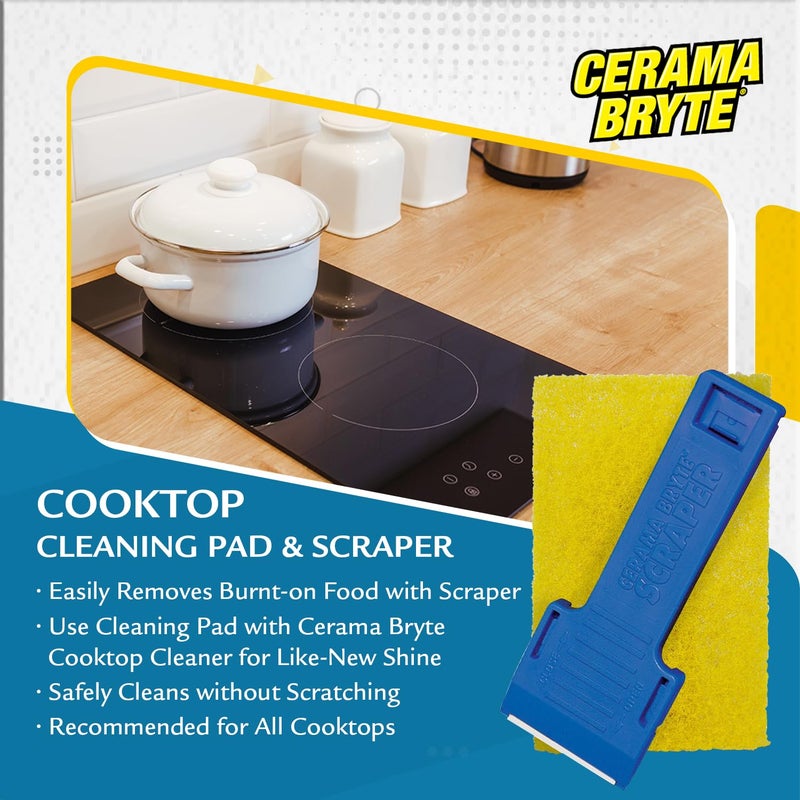 Cerama Bryte 3 x Scraper & 3 x Pad Kit Cooktop and Stove Top Cleaner for Glass - Ceramic Surfaces, 6 Piece Set - Image 2