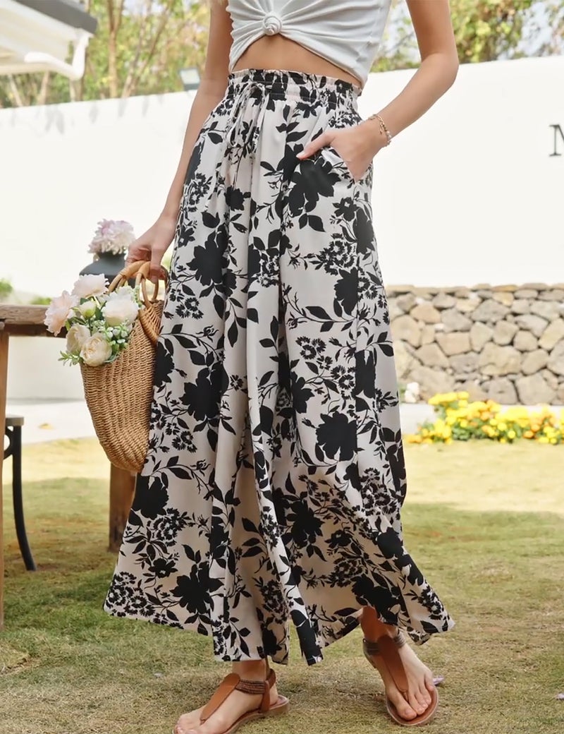 SimpleFun Palazzo Pants for Women Casual Wide Leg Pants Pleated Lightweight Summer Pants with Pockets Floral Cream M - Image 3