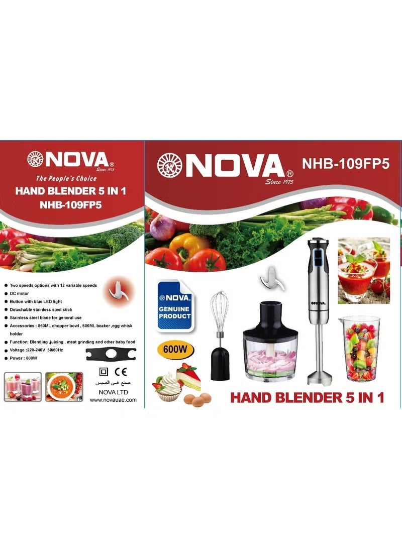 Nova NHB-109FP5 600W Hand Blender with Stainless Steel Blade, Dual Speed & 12 Variable Speed Settings, Chopper Bowl, Whisk, Beaker for Blending, Chopping, Mixing, Whisking & Pureeing - Image 3