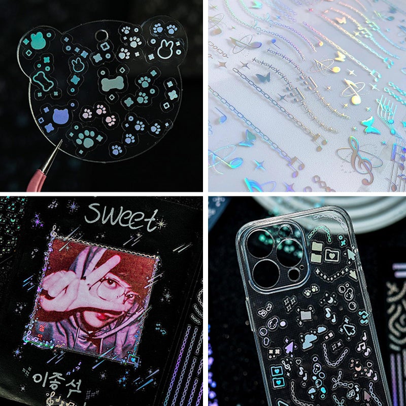 FGISAR 24 Sheets Holographic Kpop Deco Stickers Korean Stickers for Photocards Self Adhesive Clear Glitter Star Moon Butterfly Bubbles Decals for Album Scrapbook Journal Planner for DIY Decoration - Image 4