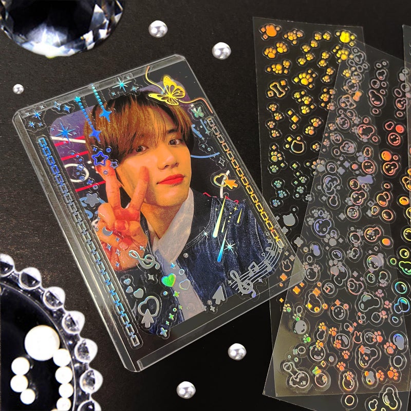 FGISAR 24 Sheets Holographic Kpop Deco Stickers Korean Stickers for Photocards Self Adhesive Clear Glitter Star Moon Butterfly Bubbles Decals for Album Scrapbook Journal Planner for DIY Decoration - Image 3