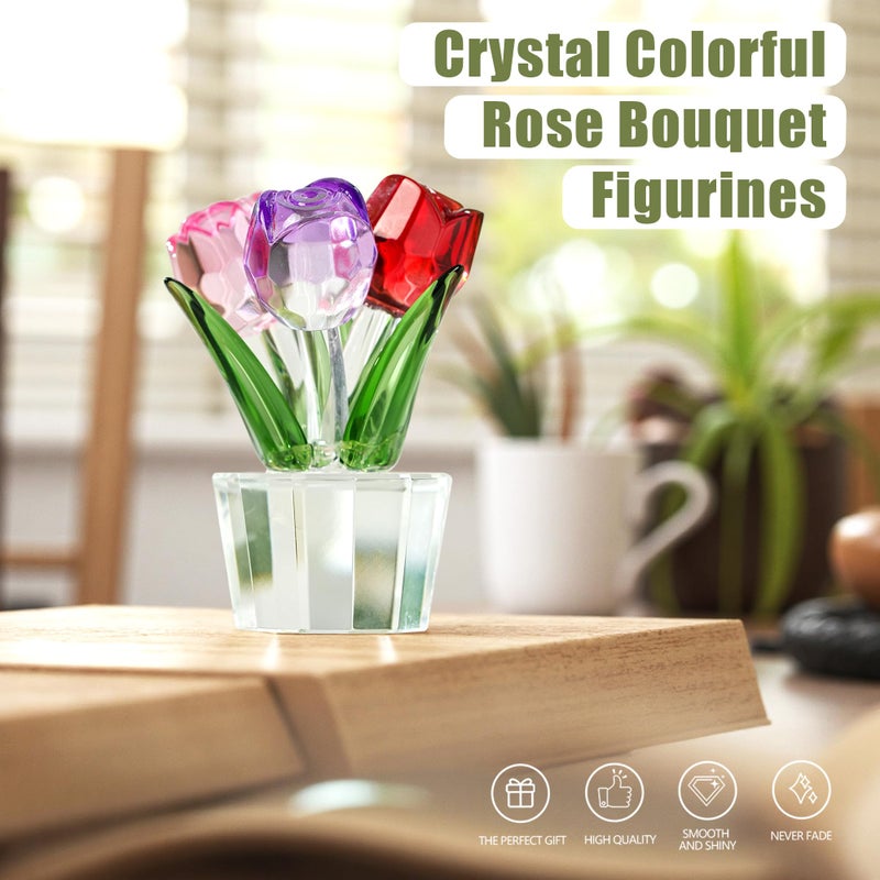 Krisinine Crystal Colorful Rose Bouquet Figurines Glass Red Pink Purple Flowers Gift For Women Wedding Party Collectible Figurines - Image 3