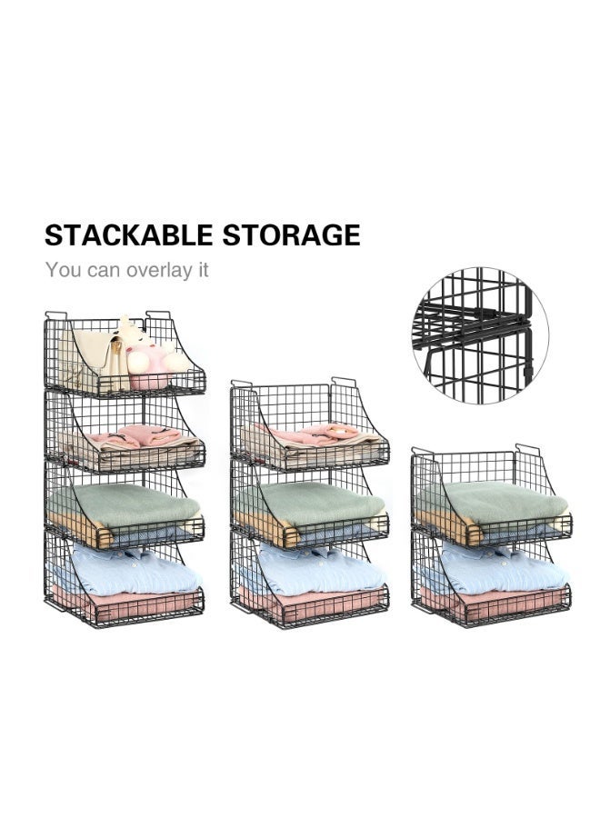 Solerconm 4-Pack Stackable Wire Baskets for Closet and Storage, Open Metal Bins for Clothes, Toys, Snacks, Rustic Black Shelves - Image 2