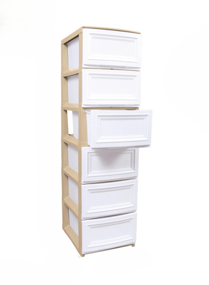 بلاستيكنا وحدة أدراج تخزين بلاستيك تحتوي على بصمة خشبية 6 أدراج، متينة وعملية، تتيح لك تخزين الأغراض المختلفة بكل سهولة، لون بيج/أبيض - Image 2