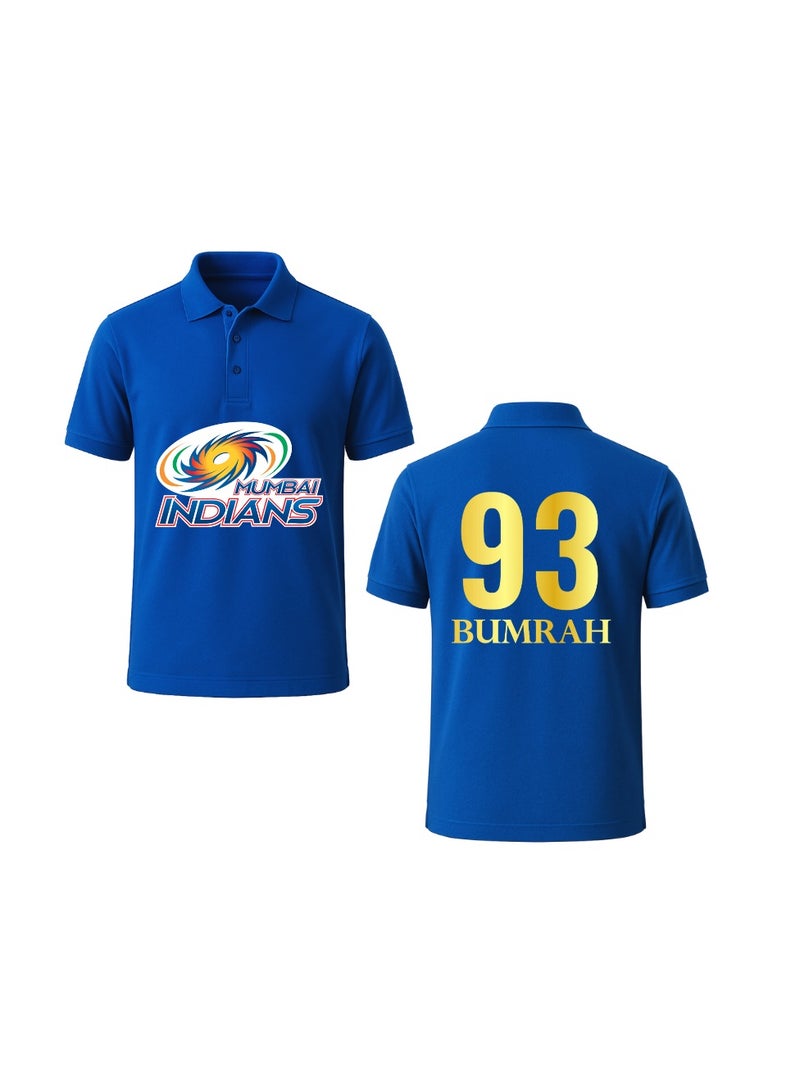 PRINTSHOP4ME Mumbai Cricket Fan Polo T-Shirt For Men – Blue Dry-Fit Sports Jersey With “93 BUMRAH” Print & Team Logo | Breathable Outdoor Wear For Game Days & Cricket Lovers - Image 1