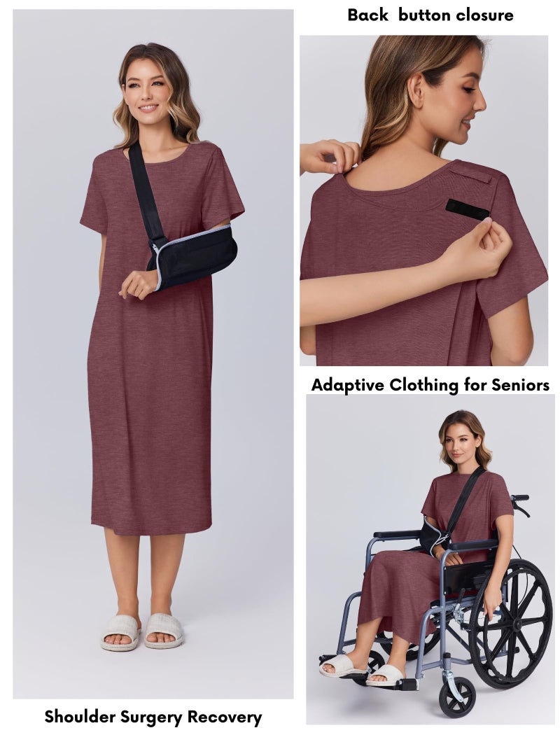 Deyeek Hospital Gowns for Women Labor Delivery Shoulder Surgery Dress Adaptive Clothing Night Robes for Elderly Plus Size Dark Red - Image 2