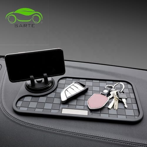 SARTE Car Dashboard Mat Anti-Slip Rubber Pad with Phone Holder Universal Non Slip Car Dashboard Sticky Adhesive Mat for Phones Sunglasses Keys(Black/Grey) Chess Design (Black/Grey) - Image 2