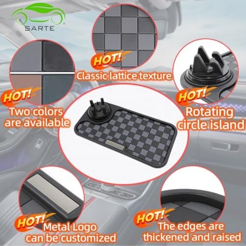 SARTE Car Dashboard Mat Anti-Slip Rubber Pad with Phone Holder Universal Non Slip Car Dashboard Sticky Adhesive Mat for Phones Sunglasses Keys(Black/Grey) Chess Design (Black/Grey) - Image 3