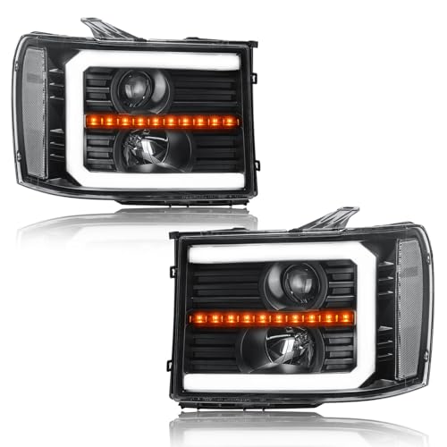 Fullux LED DRL Headlights for 2007-2013 GMC Sierra 1500 07-14 Sierra 2500HD 3500HD No Classic Head Lights Assembly 2PC Replacements Front Left Right Side Headlamp Black Housing Clear Reflector - Image 1
