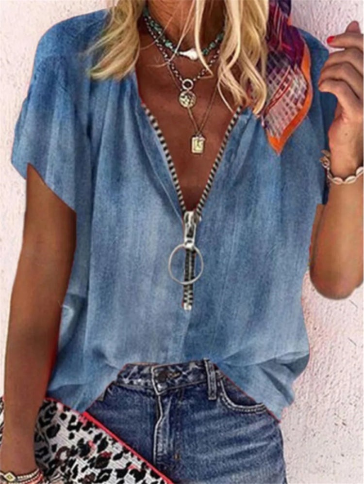 2022 AliExpress wish foreign trade cross-border printing short-sleeved V-neck zipper pullover loose casual T-shirt blue XXL - Image 3