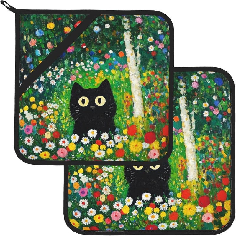 GTEVUTS 2 Pack Colorful Garden Cats Pot Holders,Heat Resistant Countertop Hot Pads with Hanging Loops,Cute Cats Potholder Set for Kitchen Baking Chef Barbeque,Square,8X8 inch - Image 2