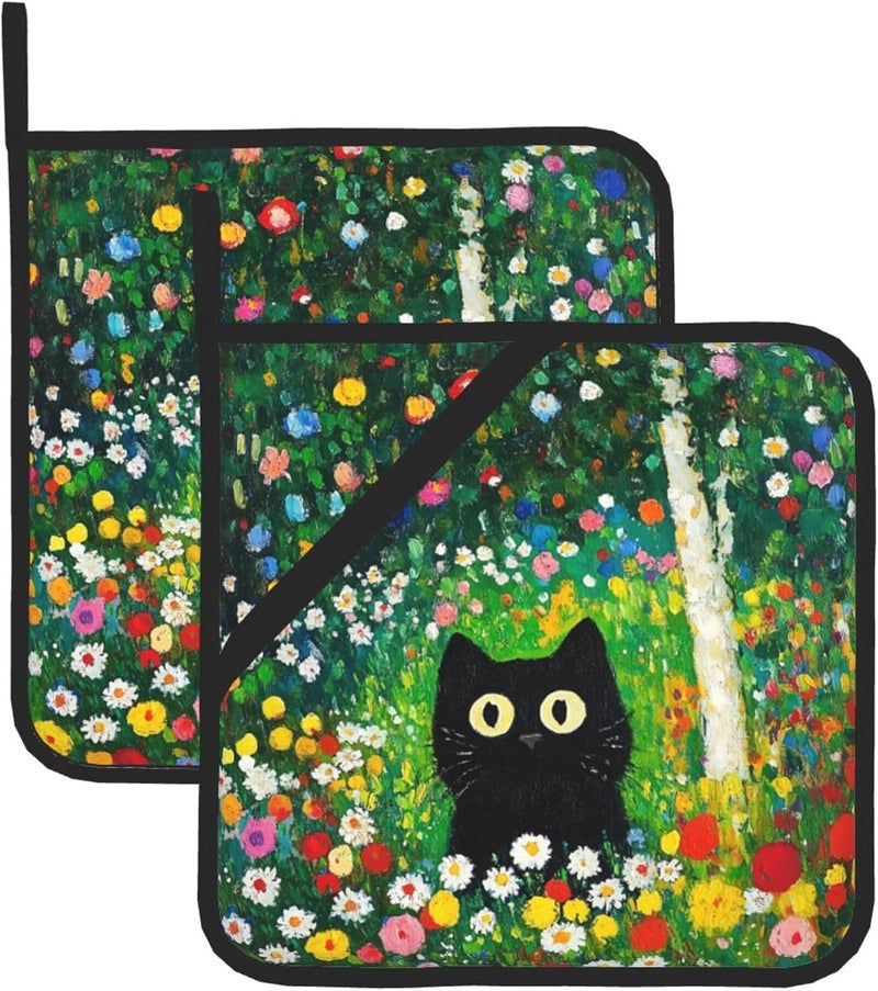 GTEVUTS 2 Pack Colorful Garden Cats Pot Holders,Heat Resistant Countertop Hot Pads with Hanging Loops,Cute Cats Potholder Set for Kitchen Baking Chef Barbeque,Square,8X8 inch - Image 1
