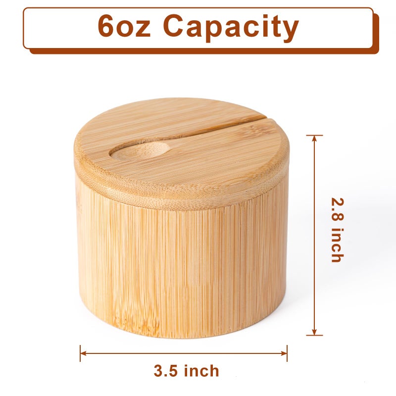Husfunov Bamboo Salt Cellar, Salt Box with Magnetic Swivel Lid, Spice Box with Spoon, Round Salt Container for Storing Salt Pepper Sugar Herbs,6 Ounce Capacity - Image 2
