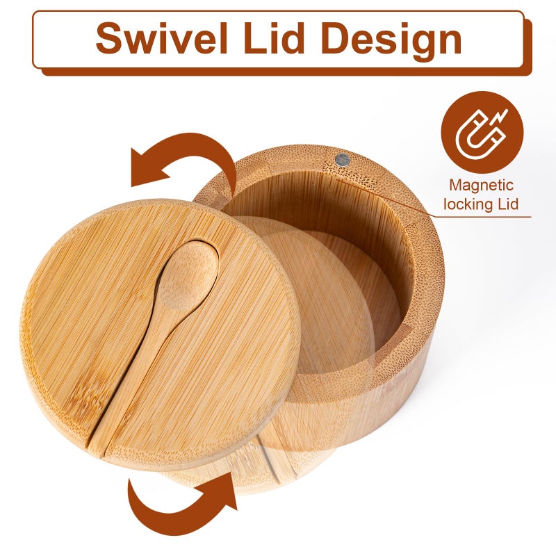 Husfunov Bamboo Salt Cellar, Salt Box with Magnetic Swivel Lid, Spice Box with Spoon, Round Salt Container for Storing Salt Pepper Sugar Herbs,6 Ounce Capacity - Image 3