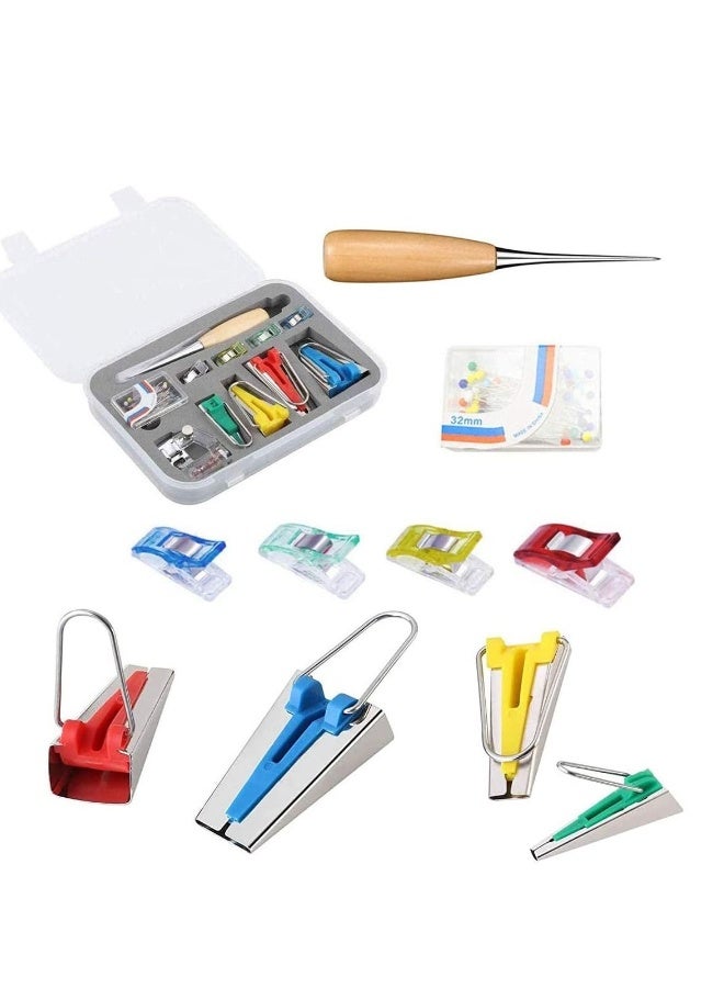 Bias Tape Maker 6MM 12MM 18MM 25MM with Binder Foot Bradawl Quilting Clips Sewing Pins Kit, Single Double Fold Bias Tape Maker Tool Kit Set, DIY Sewing for Quilt Binding 