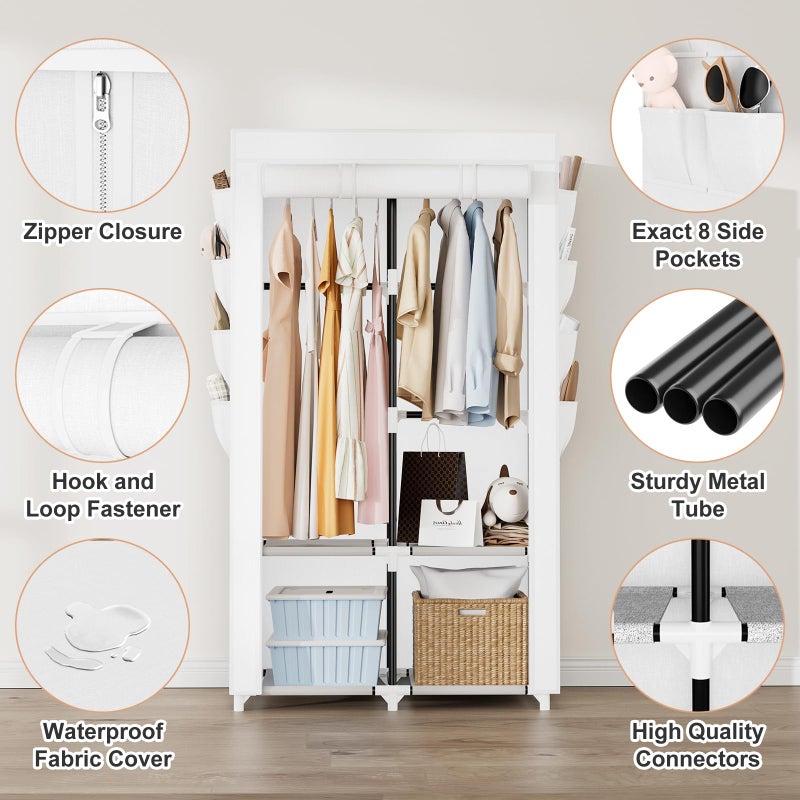 BrFoYu Portable Closet for Hanging Clothes, Portable Wardrobe Closet with Cover, 4 Storage Shelves, 2 Hanging Rods and 8 Side Pockets, Easy Assembly and Sturdy Free Standing Closet for Bedroom, White - Image 4