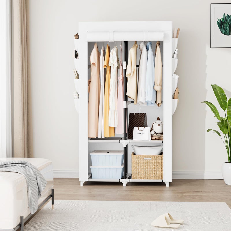 BrFoYu Portable Closet for Hanging Clothes, Portable Wardrobe Closet with Cover, 4 Storage Shelves, 2 Hanging Rods and 8 Side Pockets, Easy Assembly and Sturdy Free Standing Closet for Bedroom, White - Image 2