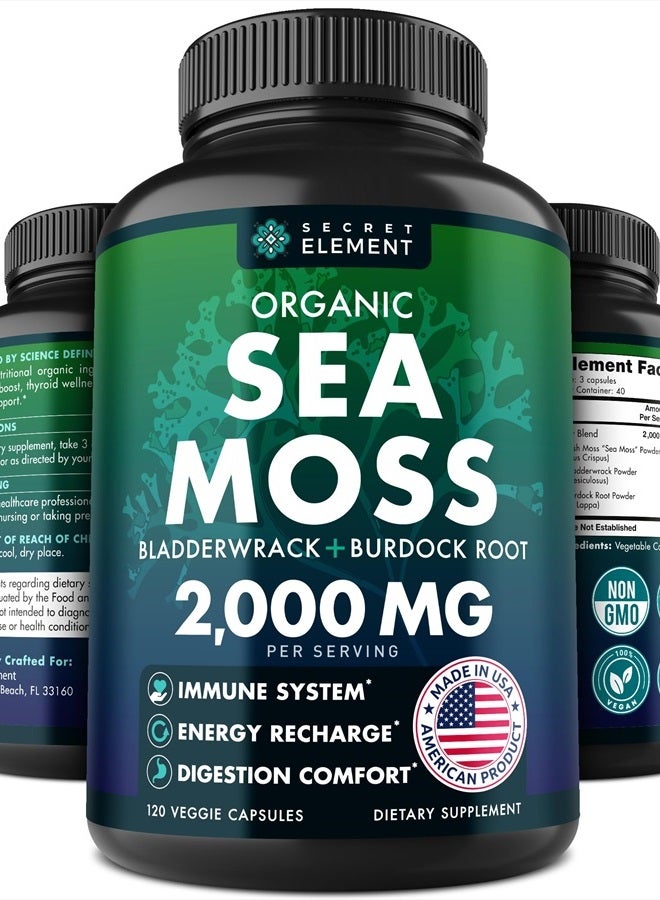 SECRET ELEMENT Organic Sea Moss Capsules - Burdock Root, Irish Moss and Bladderwrack - 120 Capsules - Image 2