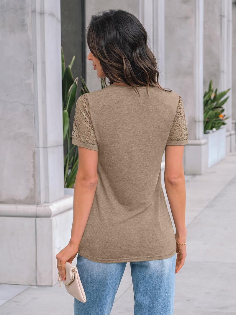 AUTOMET Short Sleeve Shirts for Women Summer Tops 2026 Spring Fashion Dressy Casual Outfits Lace Trendy Top Cute Work T Shirt Business Vacation Clothes Blouses Khaki L - Image 4