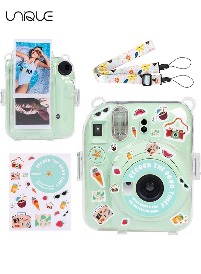 3 Pack Clear Camera Case Compatible with Fujifilm Instax Mini 12 Instant Camera, Mini 12 Hard Case with Photo Pocket Holds on Back and Adjustable Shoulder Strap & Cute Camera Sticker (Green)