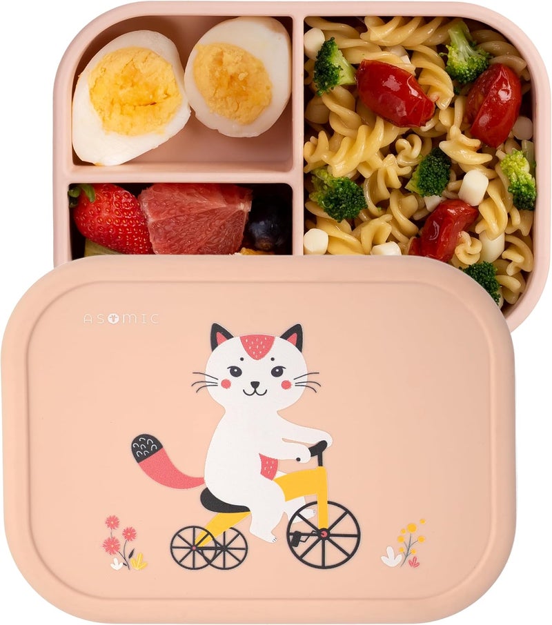 ASOMIC Silicone Bento Lunch Box for Toddlers & Kids, Leakproof & BPA-Free, 3 Compartments, Microwave & Dishwasher Safe, Ideal for Daycare, Preschool & Baby Meals (Cat) - Image 1