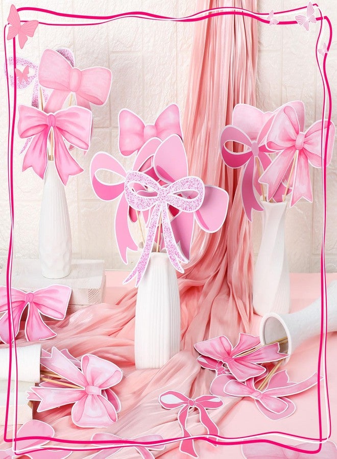 Cinnvoice 30 Pcs Bow Party Decorations Coquette Bow Table Toppers Birthday Table Decor Coquette Party Centerpieces Sticks for Birthday Bachelorette Bridal Decor(Pink) - Image 2