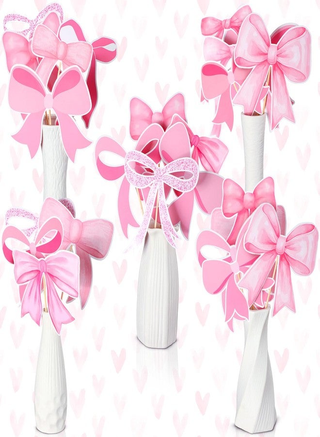 Cinnvoice 30 Pcs Bow Party Decorations Coquette Bow Table Toppers Birthday Table Decor Coquette Party Centerpieces Sticks for Birthday Bachelorette Bridal Decor(Pink) - Image 1