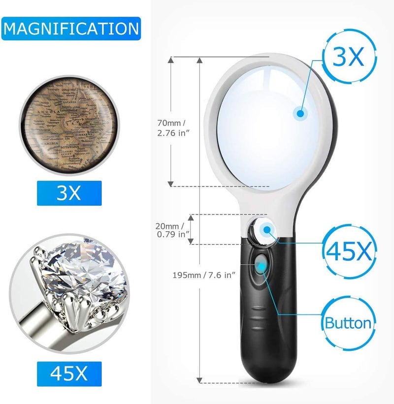 TNEMEC Magnifying Glass with 3 Led Light 3X & 45X Big Size Zoom Lenses for Seniors, Book and Newspaper Reading Handheld Magnifier, Reading Lens Jewelry Loupe, Insect Hobby Observation, Classroom Science - Image 5