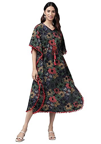 Yash Gallery Women's Plus Size Cotton Floral Printed Kaftan (Black, XXL) - Image 1