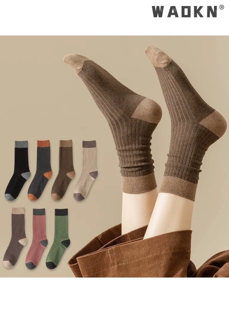 دبليو أيه أو كي أن 7 أزواج من الجوارب النسائية المخططة، جوارب منتصف الساق، جوارب نسائية فضفاضة رياضية بطول الساق، جوارب قطنية مطاطية غير رسمية، جوارب غير رسمية - مثالية للارتداء اليومي - Image 1