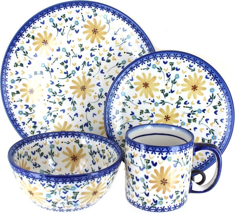 Blue Rose Polish Pottery Yellow Daisy 4 Piece Place Setting  Service for 1
