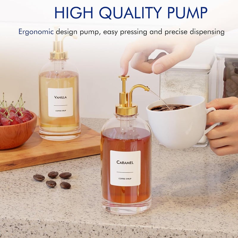 New England Stories 16.9 oz (500 ml) Coffee Syrup Dispenser Set - 2 Glass Bottles with Gold Pumper and Syrup Labels - Precise Dispensing and Stylish Addition to Coffee Shop, Cafe or Home Bar - Image 3
