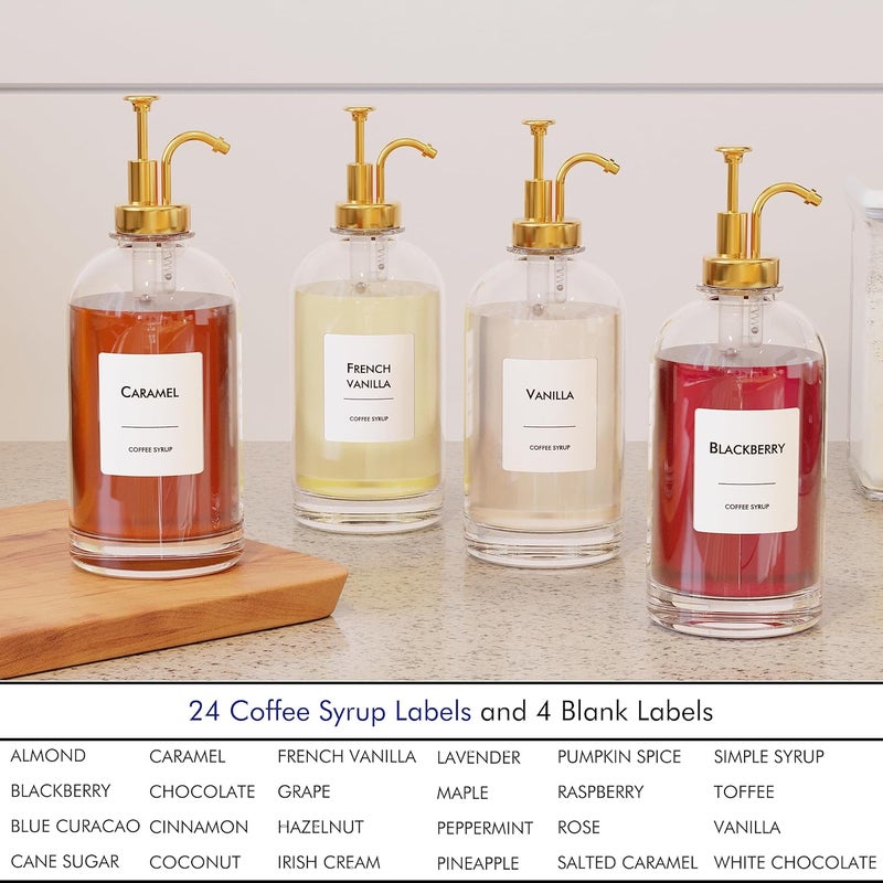 New England Stories 16.9 oz (500 ml) Coffee Syrup Dispenser Set - 2 Glass Bottles with Gold Pumper and Syrup Labels - Precise Dispensing and Stylish Addition to Coffee Shop, Cafe or Home Bar - Image 5