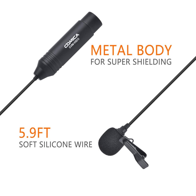 COMICA XLR Lavalier Condenser Microphone,CVM-V02O Omnidirectional Lapel Lavalier Microphone,Clip on Mic Interview Kit for Recorder Mixer camcorders Zoom H4n H5 H6 Tascam DR 40 DR100 (5.9f,1 Pack) - Image 2