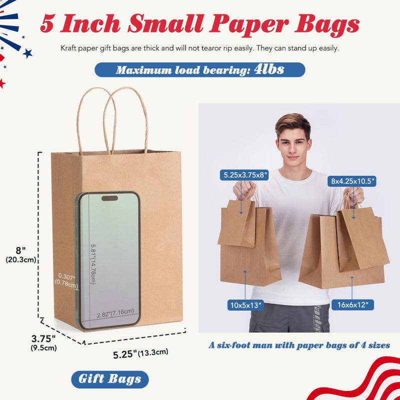 GSSUSA 200 Pack Brown Paper Bags 5.25x3.75x8 Inch Small Gift Bags with Handles Bulk, Brown Kraft Bag for Small Business, Sturdy Grocery Retail Shopping Birthday Party Favor Craft Bag - Image 2