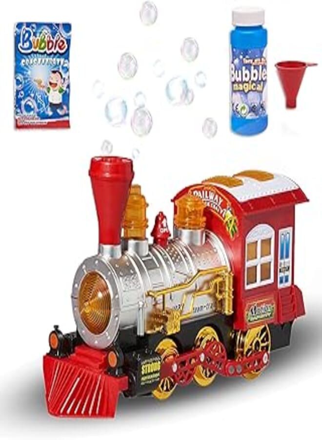 PREXTEX Steam Locomotive Engine Car Bubble Blowing Bump & Go Toy Train with Lights Sounds and Action Includes 5 Ounce Bottle of Bubble Solution and 2 Packets of Bubble Concentrate Fun for Kids