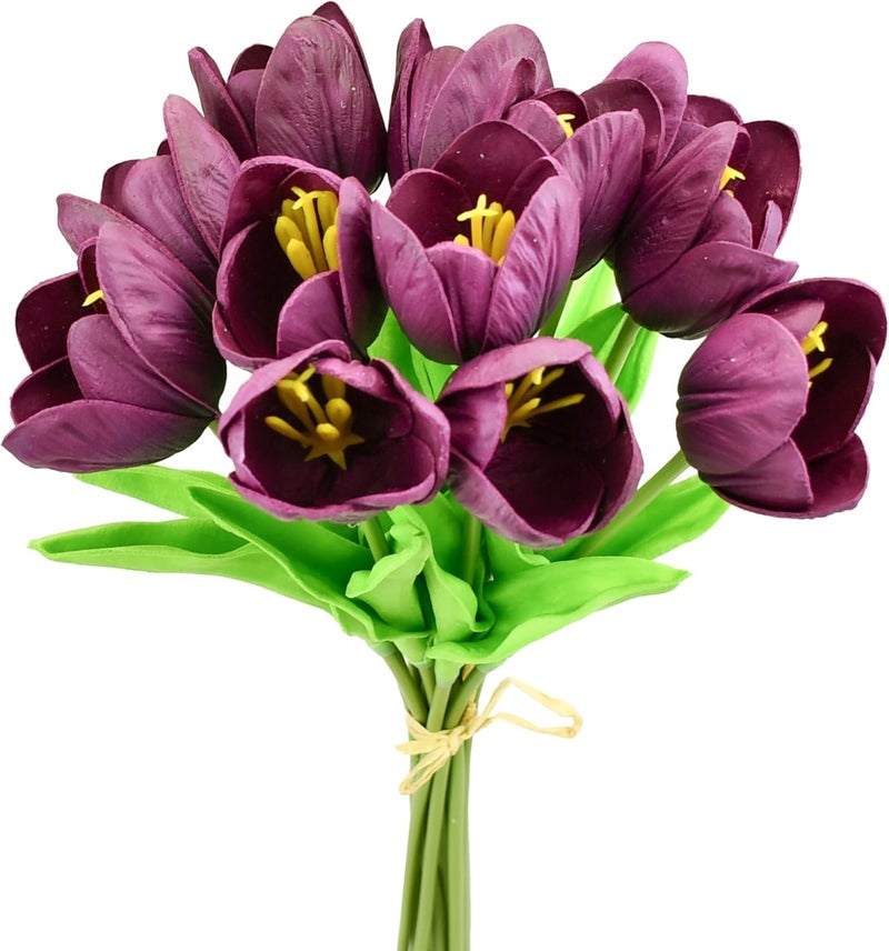 Mandy's Artificial Tulips 12 Stems Grape Purple Partially Open PU Faux Flowers for Wedding Home Decor 13.5 Inch - Image 1