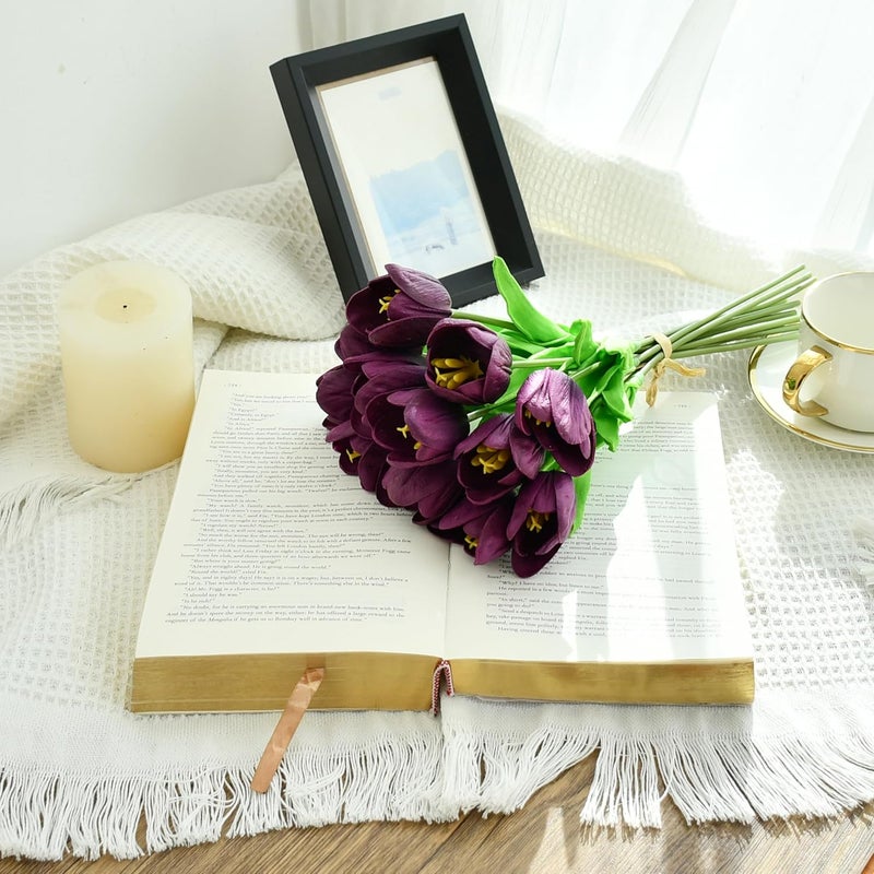 Mandy's Artificial Tulips 12 Stems Grape Purple Partially Open PU Faux Flowers for Wedding Home Decor 13.5 Inch - Image 3