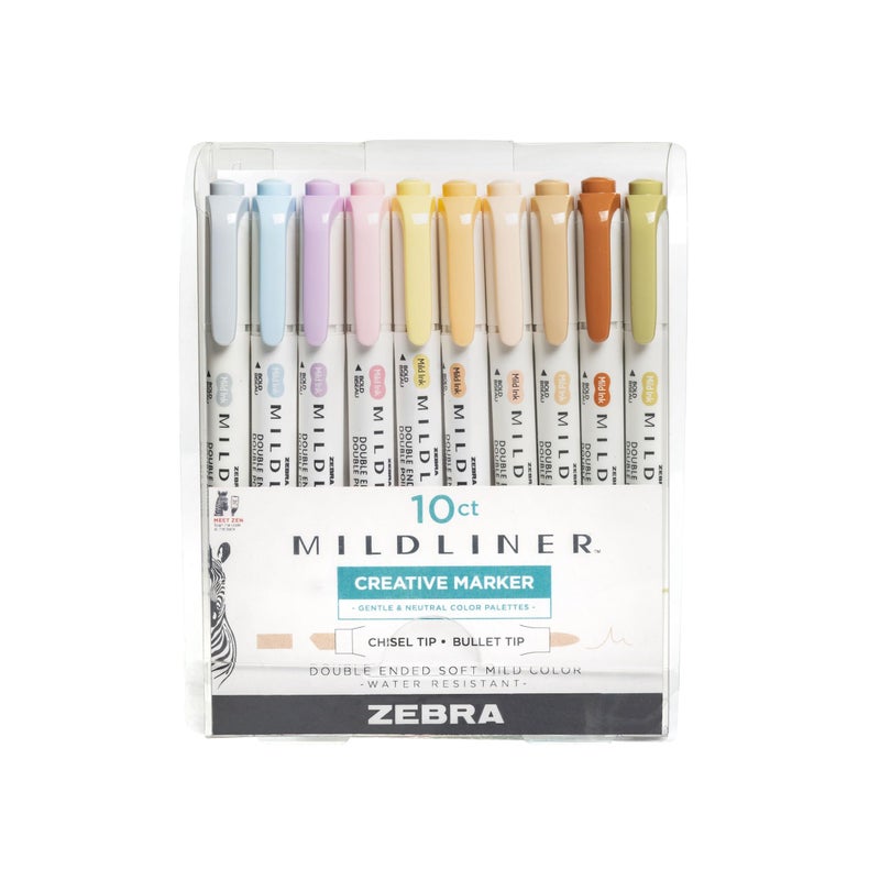 Zebra Pen مجموعة أقلام تمييز زيبرا بن مايلدلاينر ذات الطرفين، رؤوس مائلة ونقطة، ألوان حبر محايدة ولطيفة بدون تسرب، 10 قطع، رقم الموديل: 78701 - Image 1