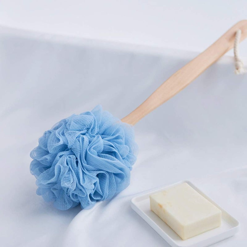 Arswin Loofah Back Scrubber for Shower Wooden Long Handle Bath Sponge Lufa Shower Brush Soft Nylon Mesh Back Cleaner Washer Women Men Exfoliating Luffa Pouf on a Stick for Body Blue - Image 2