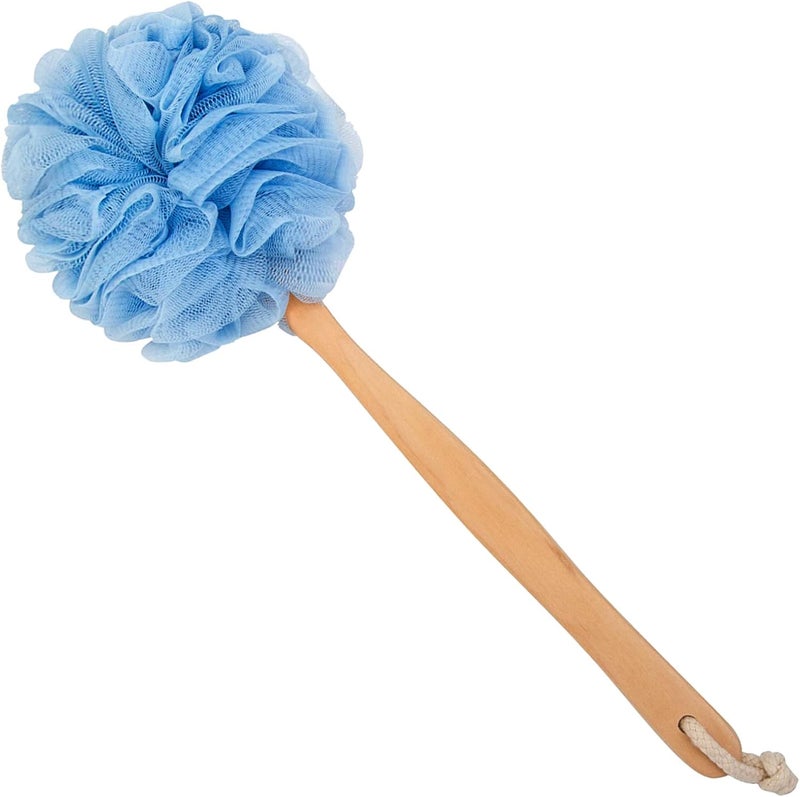 Arswin Loofah Back Scrubber for Shower Wooden Long Handle Bath Sponge Lufa Shower Brush Soft Nylon Mesh Back Cleaner Washer Women Men Exfoliating Luffa Pouf on a Stick for Body Blue - Image 1