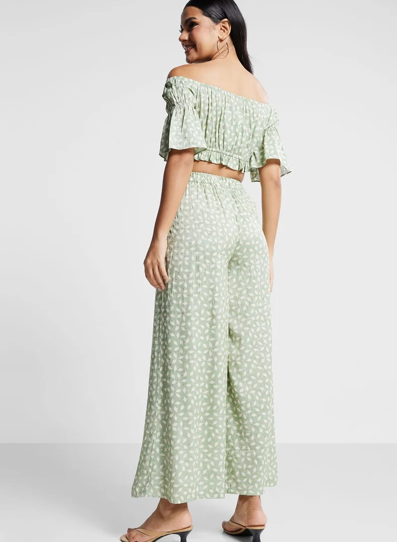 indya Printed Bardot Crop Top & Palazzo Pants Set