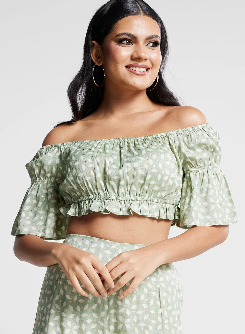 indya Printed Bardot Crop Top & Palazzo Pants Set