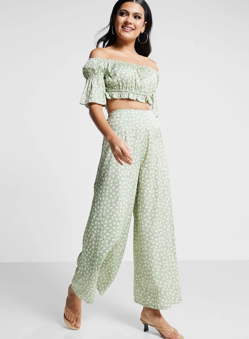 indya Printed Bardot Crop Top & Palazzo Pants Set