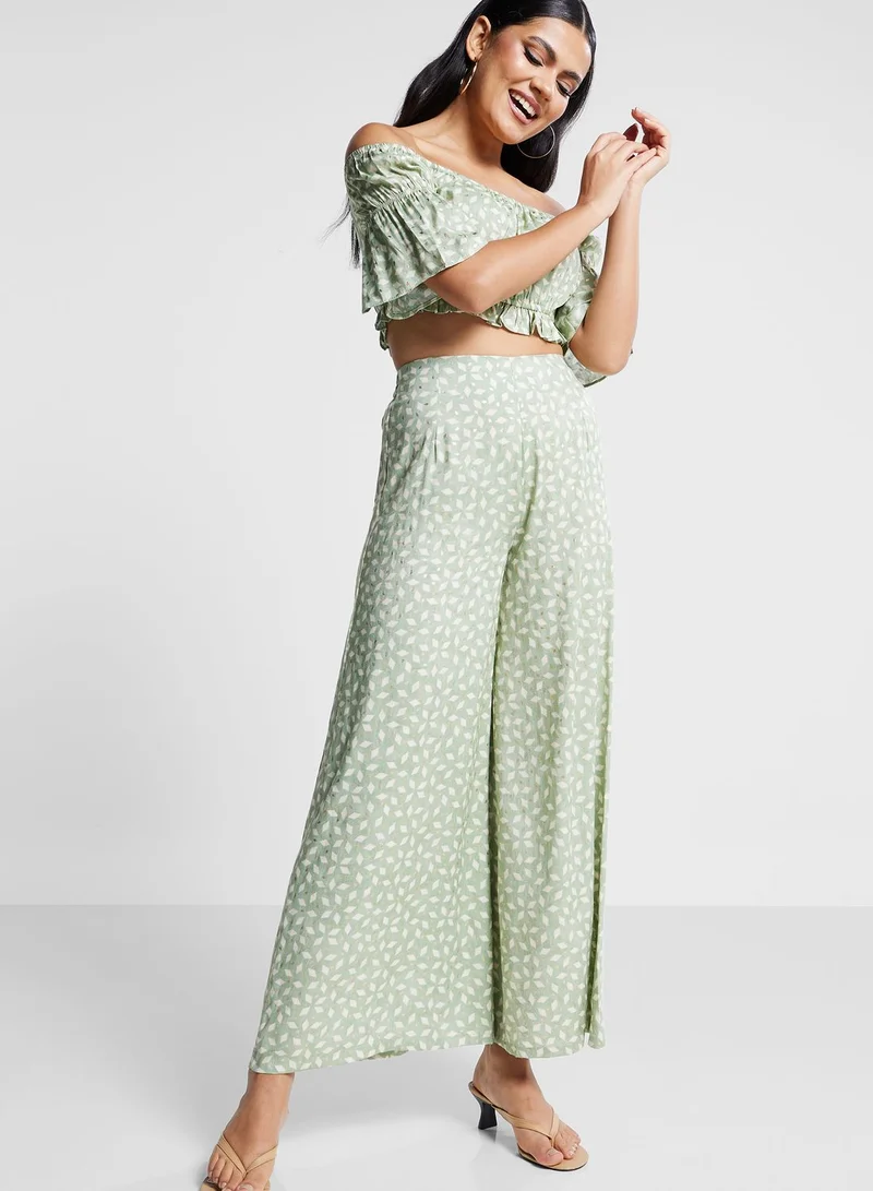 indya Printed Bardot Crop Top & Palazzo Pants Set