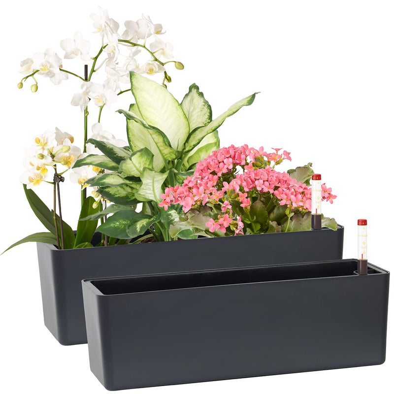 GardenBasix Elongated Self Watering Planter Pots 2-Pack Window Box 5.5 x 16 inch Indoor Home Garden Modern Decorative Pot for All House Plants Flowers Herbs (Dark Grey,2) - Image 1