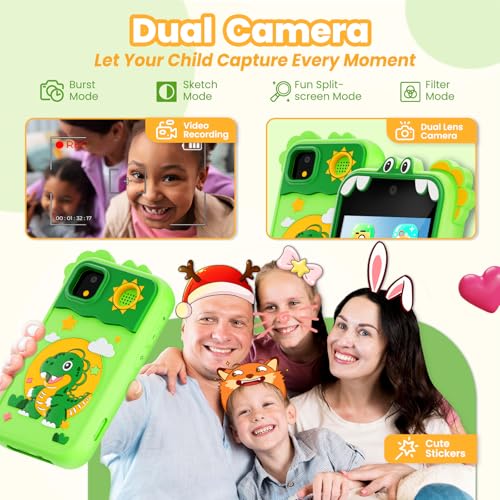 windpaint Kids Phone for Girl Toys Christmas Birthday Gifts for Age 310 Year Old Girls Boys Toys Kids Toddler Smart Phone Detective Educational Learning Toys with 28 Touchscreen Music Video Game Green - Image 5