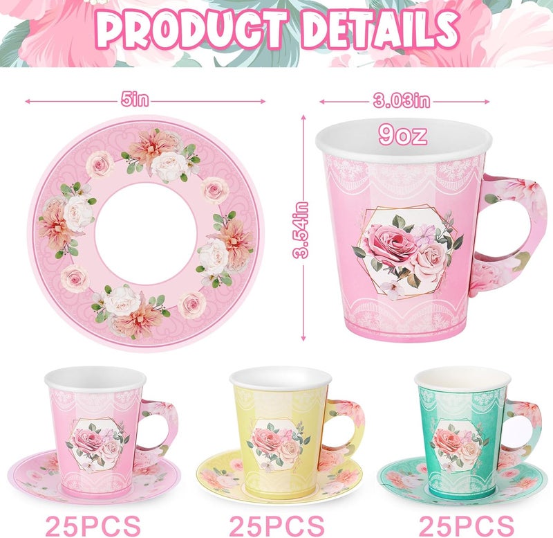 Zopeal 150 Pcs Tea Party Decorations 9 oz Paper Tea Cups and 5 Inch Plates Disposable Cups with Handle Floral Paper Saucers Sets for Birthday Wedding Party Supply - Image 2