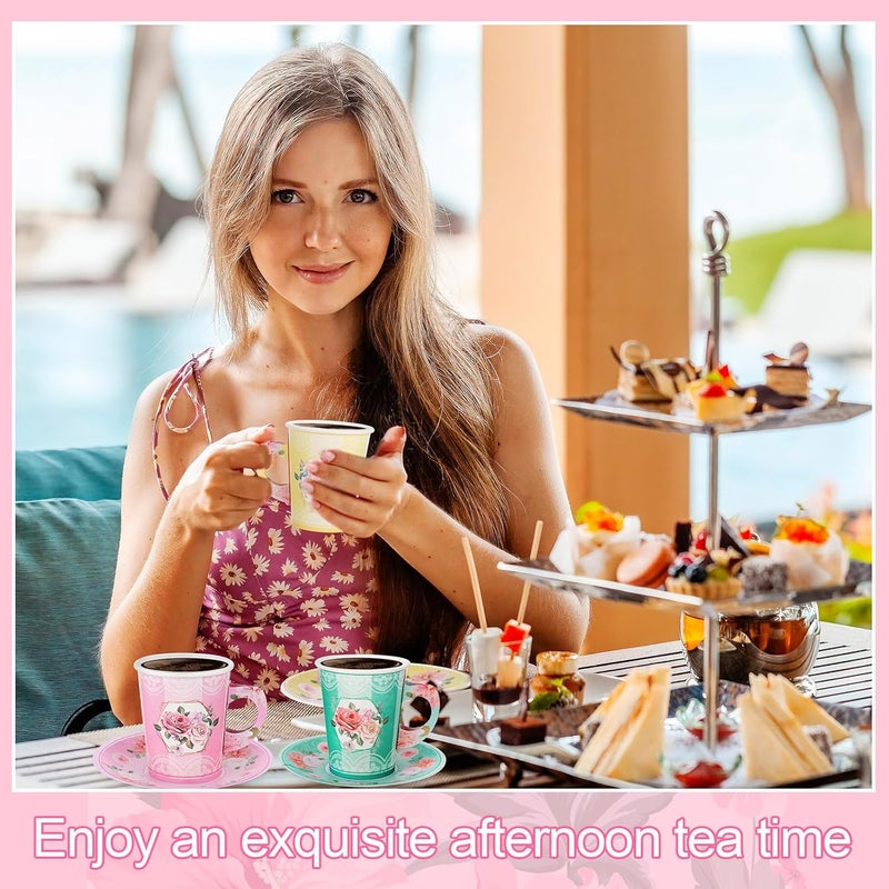 Zopeal 150 Pcs Tea Party Decorations 9 oz Paper Tea Cups and 5 Inch Plates Disposable Cups with Handle Floral Paper Saucers Sets for Birthday Wedding Party Supply - Image 4