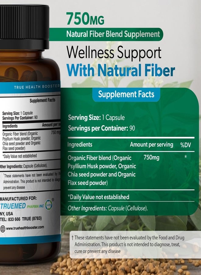 TRUEMED 3-in-1 Fiber Supplement – 750mg Organic Blend with Psyllium Husk, Chia & Flax Seed – Plant-Based Fiber Capsules for Digestive Health & Cardiovascular Wellness – Made in USA – 90 Count - Image 2
